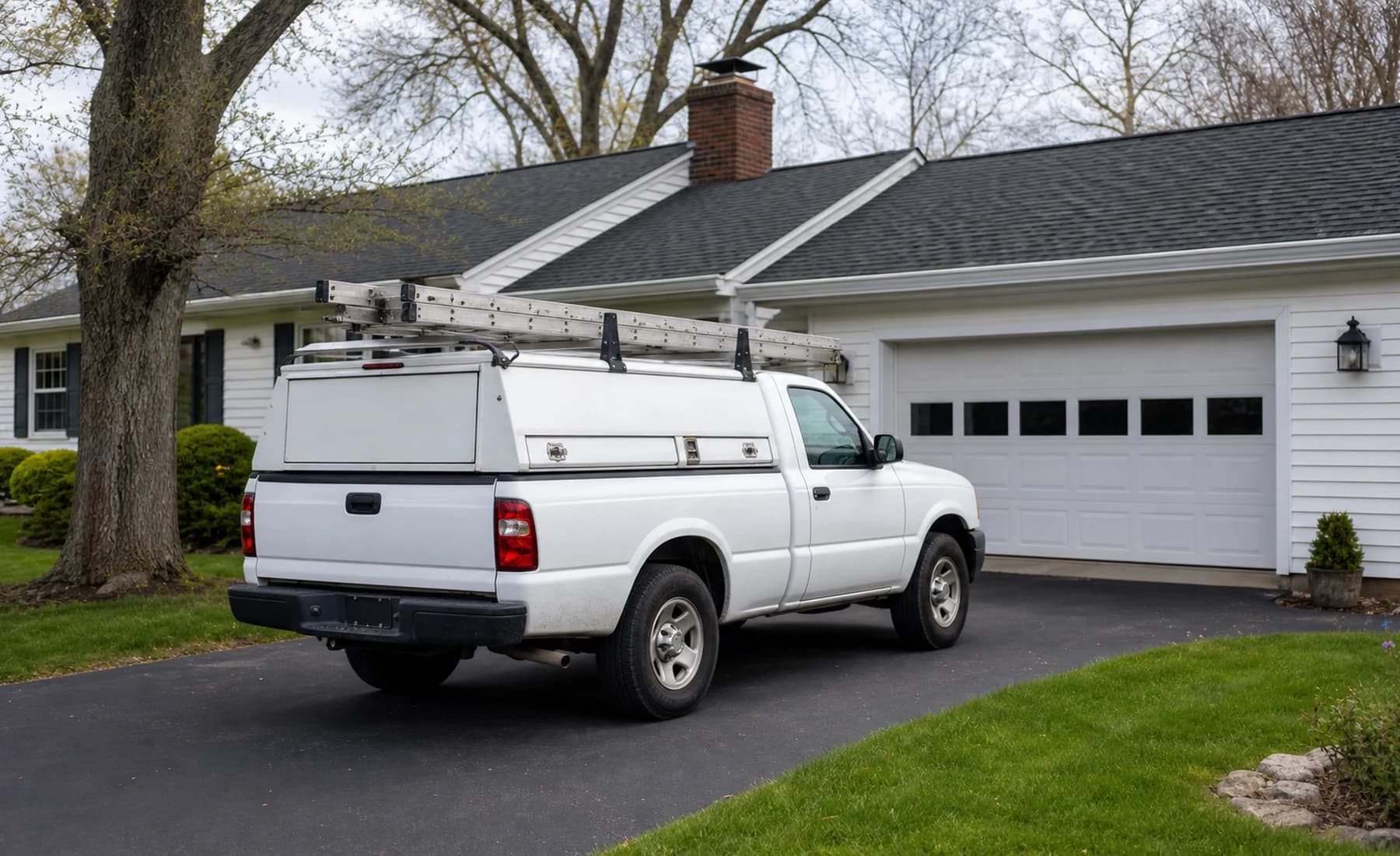 Service truck parked by a garage door